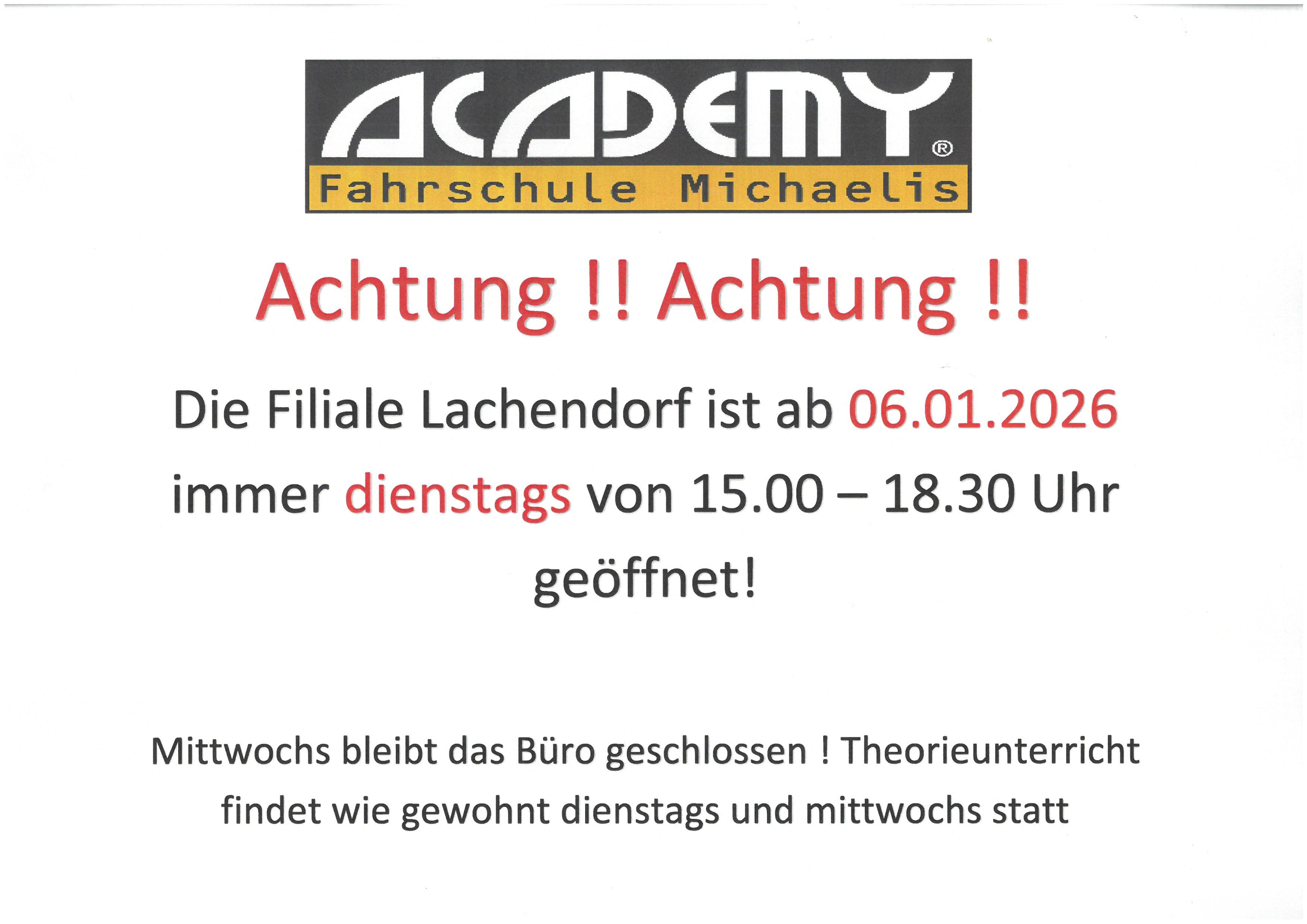 Neue Öffnungszeiten Filiale Lachendorf ab Januar