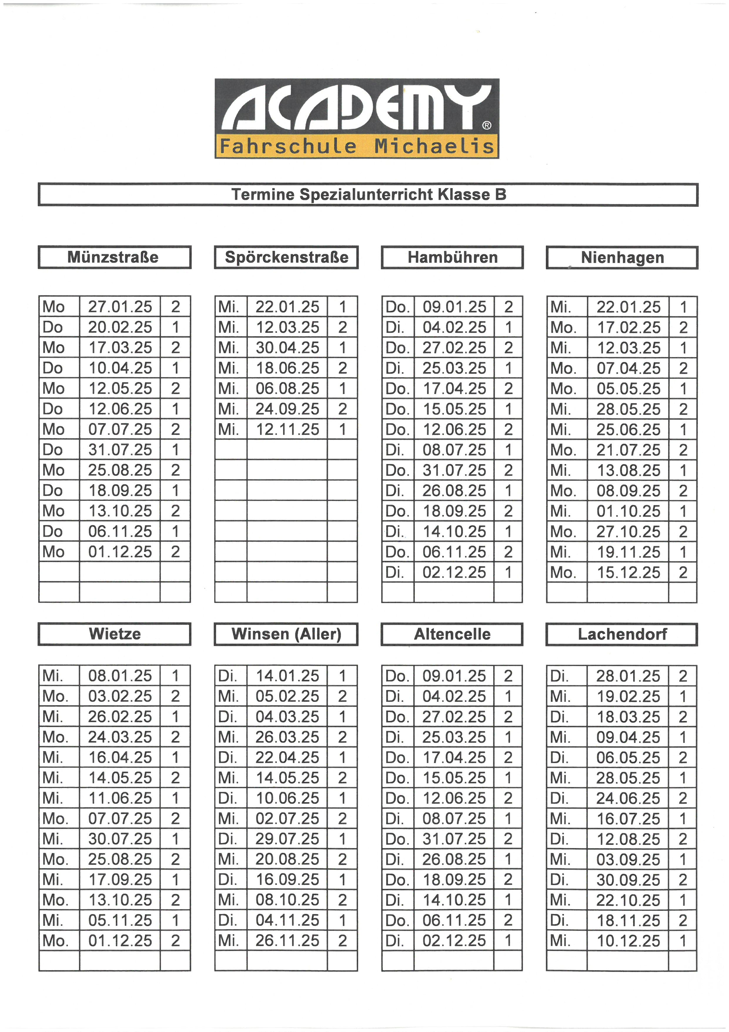 Übersicht Spezial Unterrichte 2025